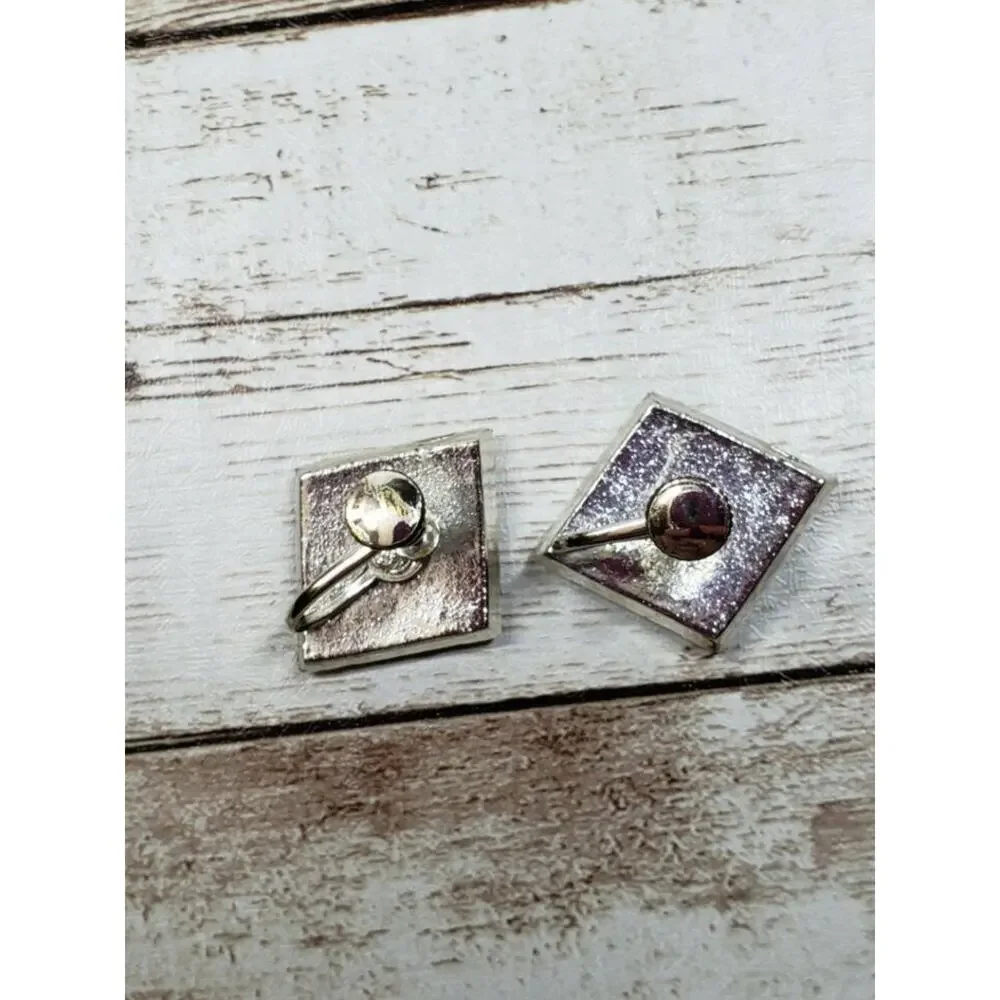 Vintage Screw On Earrings Silver Tone Diamond Shaped Dark Iridescent Stones